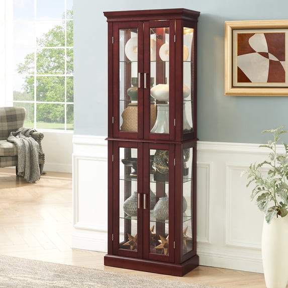 Curio Cabinet with Glass Doors, 6-Tier Glass Display Cabinet China Cabinet with Adjustable Shelves & Mirrored Back Panel, Cabinet Glass Display Case for Entryway, Living Room, Cherry