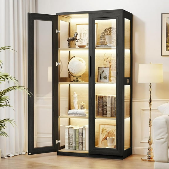 Curio Cabinet with Glass Doors, Bookcase with 4 Shelves, Display Cabinets for Collectibles, China Cabinet with 3 Color LED Lights and Human Body Sensing, Buffer Hinge, Black
