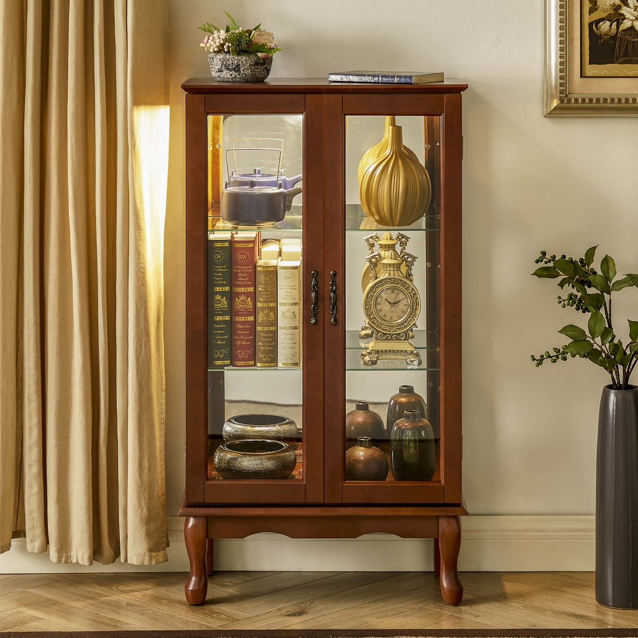Triple Tree Curio Cabinet with Glass Doors, Adjustable Shelves ...