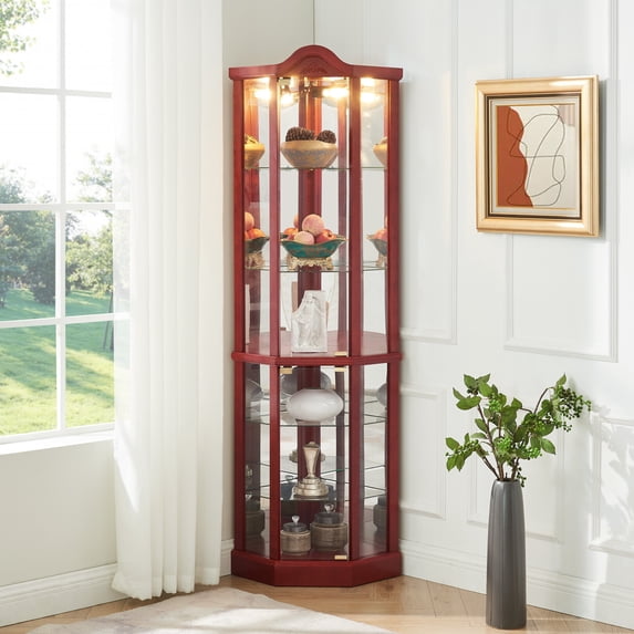 Curio Cabinet with Glass Doors, Glass Display Cabinet China Cabinet with Adjustable Shelves & Mirrored Back Panel, Built-in Lighted, Corner Cabinet Glass Display Case for Living Room, Entryway, Cherry