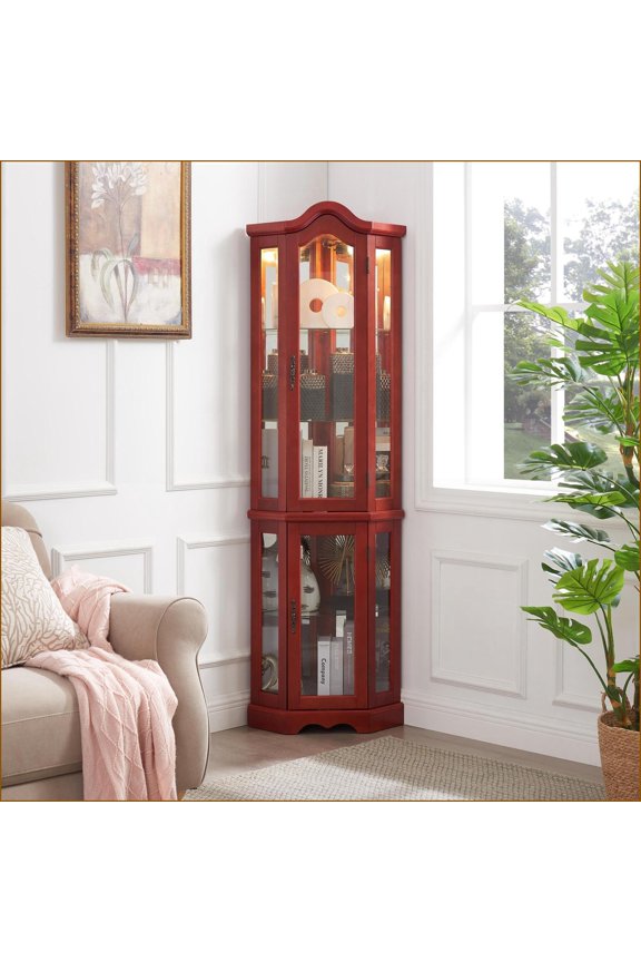Curio Cabinet Lighted Corner Display with Tempered Glass, Classic Cherry Finish | MDF Frame, Anti-Toppling Device