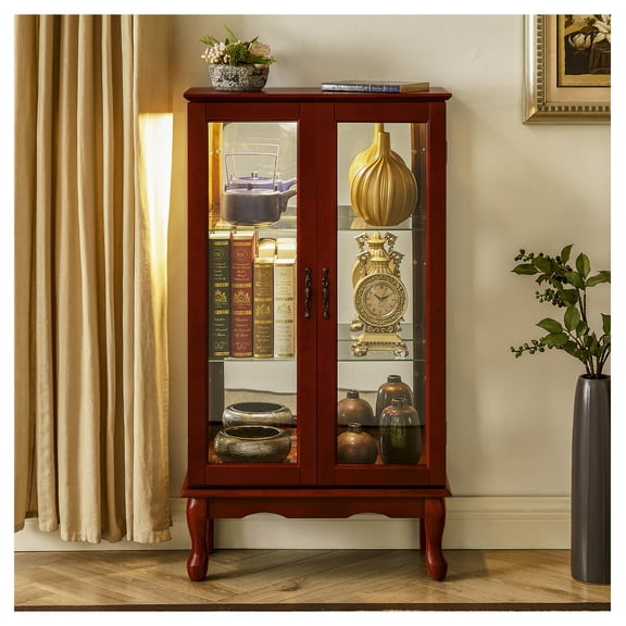 Curio Cabinet Lighted Curio Diapaly Cabinet with Adjustable Shelves and Mirrored Back Panel, Tempered Glass Doors (, 3 Tier), (E26 light bulb not included)