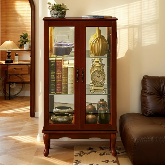 Curio Cabinet Lighted Curio Diapaly Cabinet with Adjustable Shelves and Mirrored Back Panel, Tempered Glass Doors