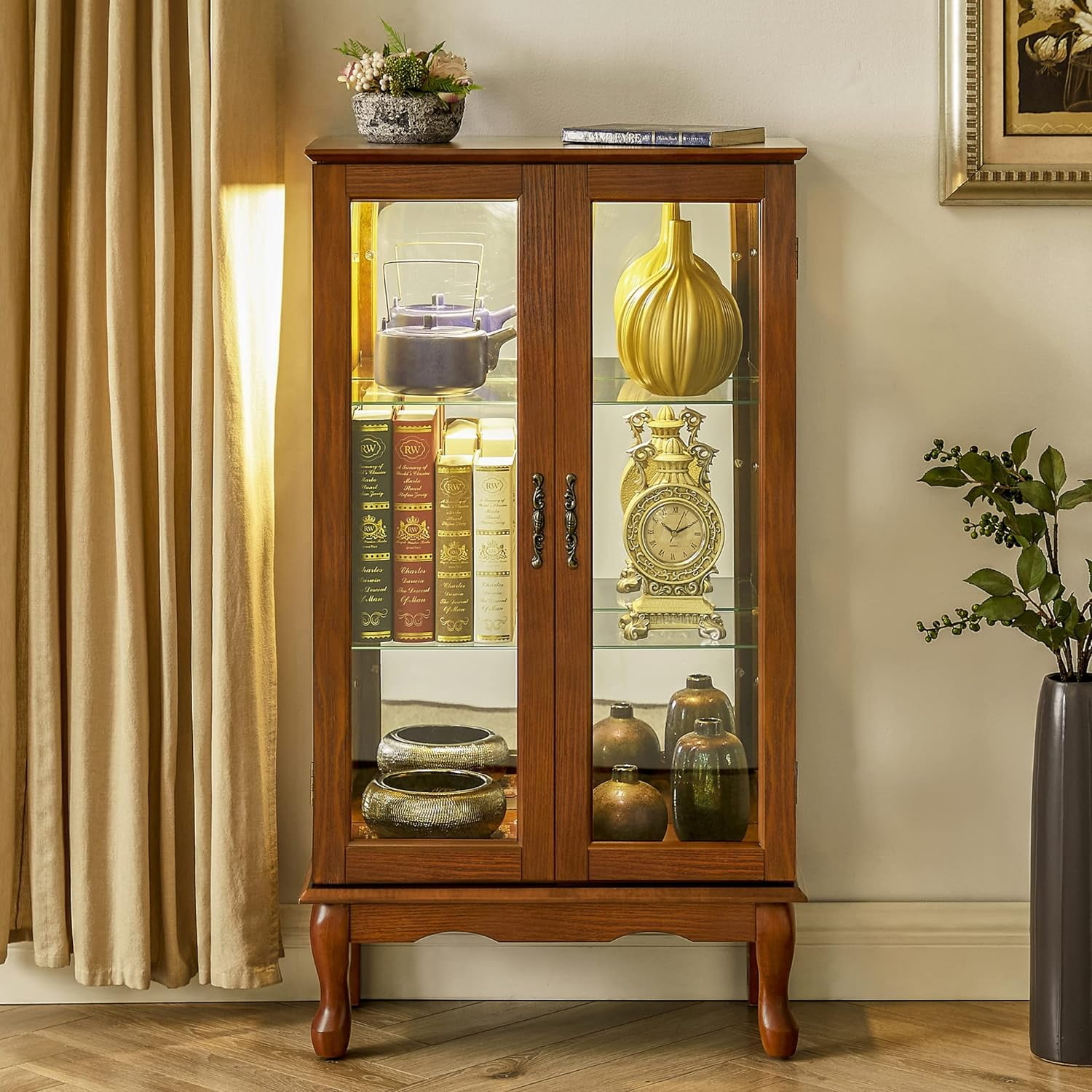 Oak Lighted Curio Cabinet with Adjustable Glass Shelves