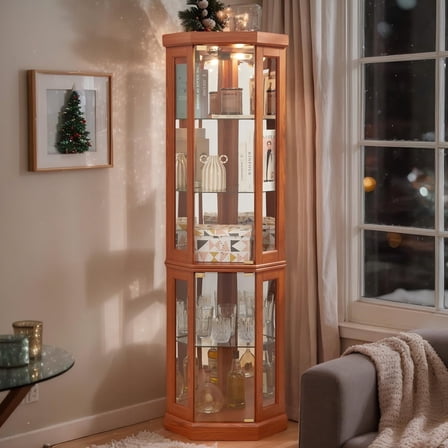 CKEASEAN Lighted Corner Curio Cabinet with Doors - Wooden Display Cabinet with Tempered Glass Shelves and Lights for Living Room, Dining Room