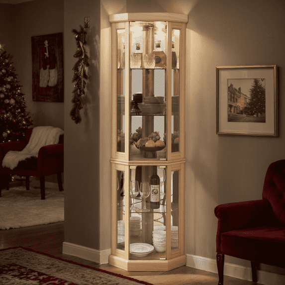 CKEASEAN Lighted Corner Curio Cabinet with Doors - Wooden Display Cabinet with Tempered Glass Shelves and Lights for Living Room, Dining Room