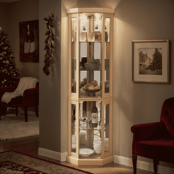 CKEASEAN Lighted Corner Curio Cabinet with Doors - Wooden Display Cabinet with Tempered Glass Shelves and Lights for Living Room, Dining Room