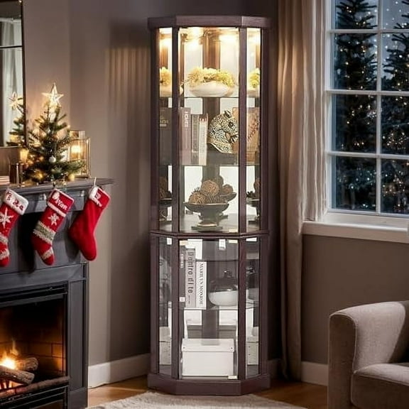 CKEASEAN Curio Cabinet with Light Bulb, 70"H Corner Glass Display Case with Tempered Glass Door and Adjustable Shelves