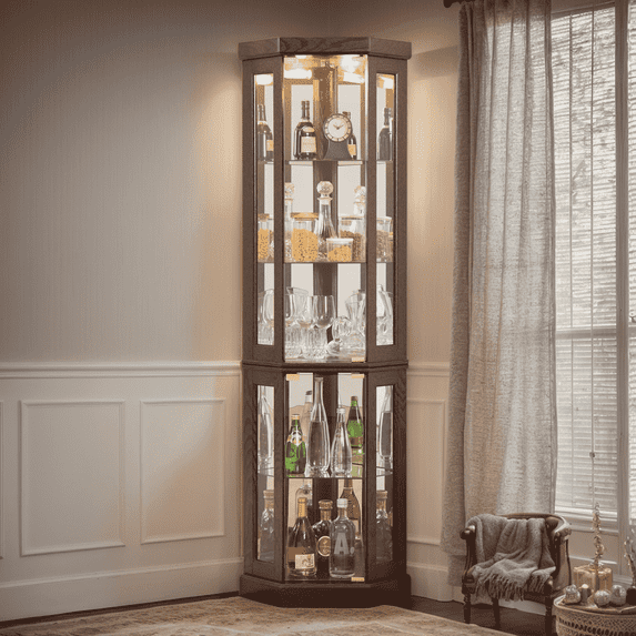 CKEASEAN Lighted Corner Curio Cabinet with Doors - Wooden Display Cabinet with Tempered Glass Shelves and Lights for Living Room, Dining Room