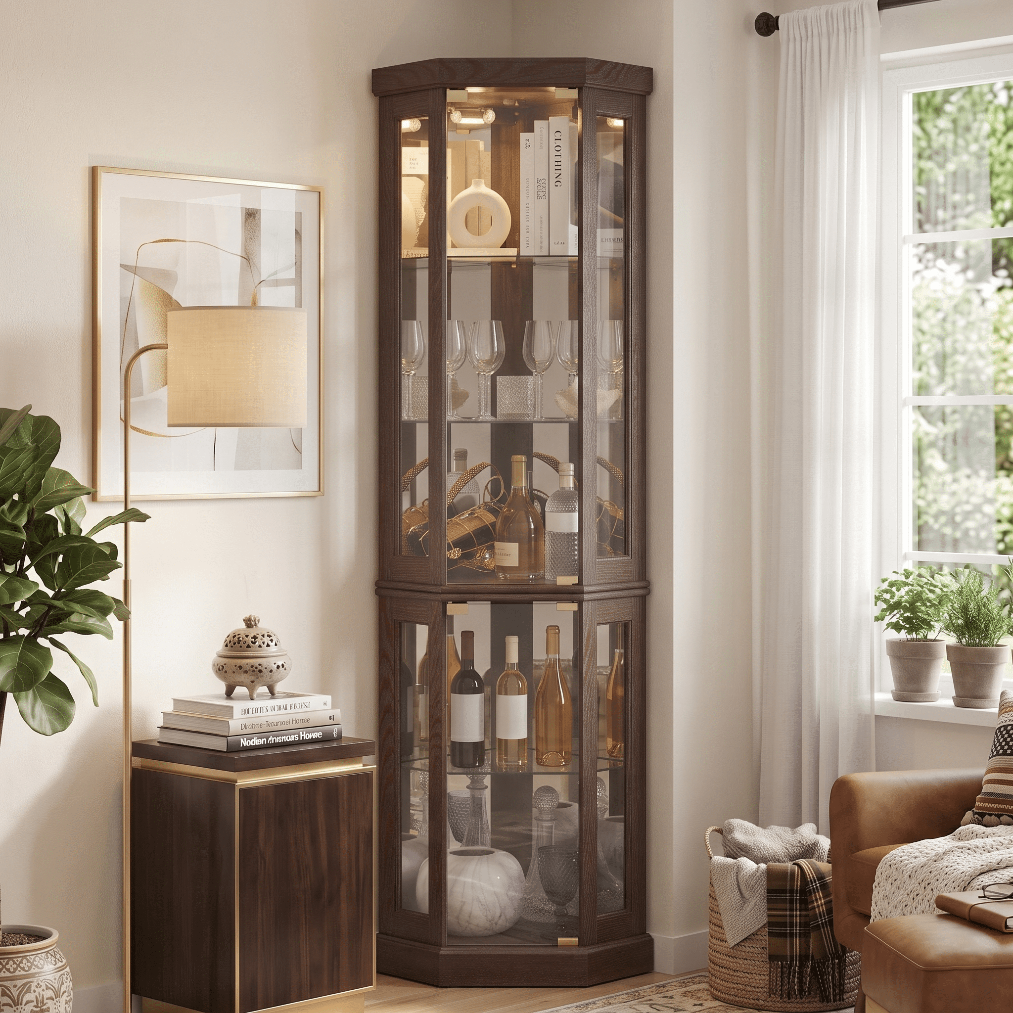 CKEASEAN Lighted Corner Curio Cabinet with Doors - Wooden Display ...