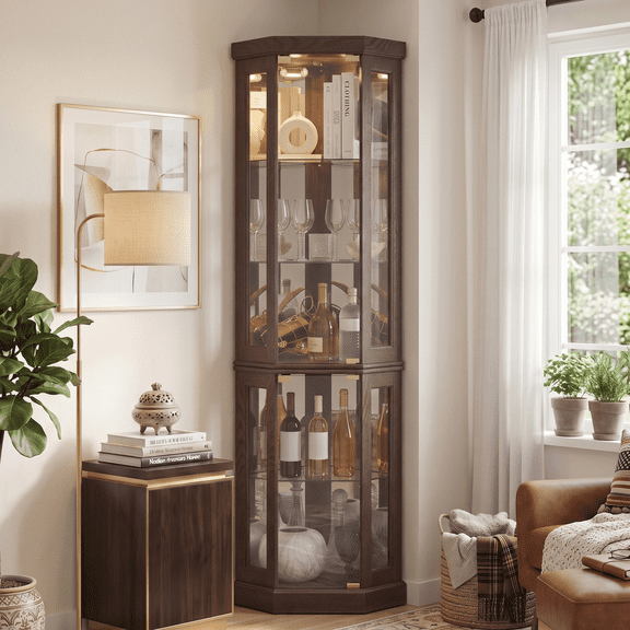 CKEASEAN Lighted Corner Curio Cabinet with Doors - Wooden Display Cabinet with Tempered Glass Shelves and Lights for Living Room, Dining Room