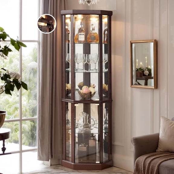 CKEASEAN Corner Curio Cabinet, 70" H Lighted Glass Display Cage with Tempered Glass Doors and 5 Adjustable Shelves, Light Bulb Inclued, Wine Bar China Cabinet for Living Room
