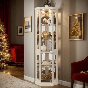 Curio Cabinet Lighted Glass Display Cabinet, Tempered Glass Door and Shelve, Wood Corner China Cabinet Inclued Bulb, Corner Cabinet Rack for Living Room