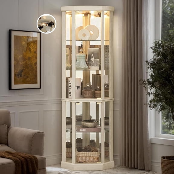 CKEASEAN 70"H Corner Curio Cabinet, Lighted Corner Display Cabinet with Tempered Glass Doors & 5 Adjustable Shelves, Mirrored Back, Bulb Inclued, Wine Bar China Cabinet for Living Room Liquor Storage