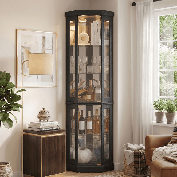 CKEASEAN Corner Curio Cabinet, 70" H Lighted Glass Display Cage with Tempered Glass Doors and Adjustable Shelves, Bulb Inclued, Wine Bar China Cabinet for Living Room Liquor Storage