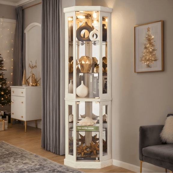 CKEASEAN Lighted Corner Curio Cabinet with Doors - Wooden Display Cabinet with Tempered Glass Shelves and Lights for Living Room, Dining Room