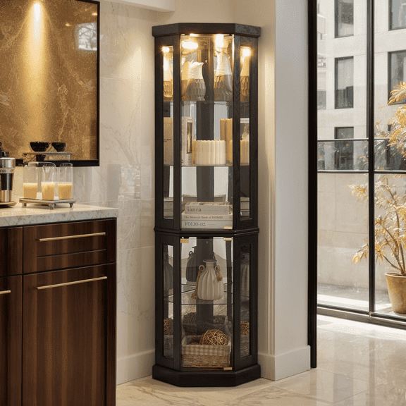CKEASEAN Lighted Corner Curio Cabinet with Doors - Wooden Display Cabinet with Tempered Glass Shelves and Lights for Living Room, Dining Room