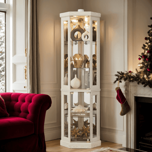 CKEASEAN Lighted Corner Curio Cabinet with Doors - Wooden Display Cabinet with Tempered Glass Shelves and Lights for Living Room, Dining Room