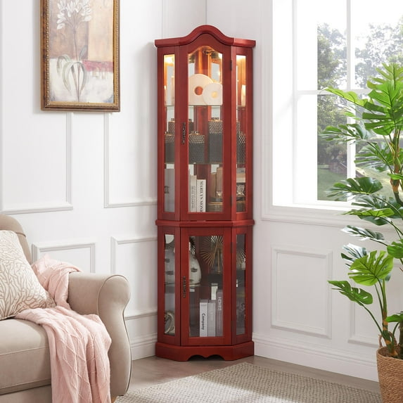 Curio Cabinet Lighted Glass Display Curio Cabinet w/Tempered Glass Doors and Shelves, Crown Corner Cabinet with Bulb, Corner Storage Decoration for Living room and Bedroom