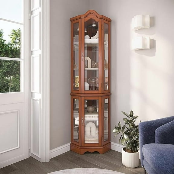 Curio Cabinet Lighted Glass Display Curio Cabinet w/Tempered Glass Doors and Shelves, Crown Corner Cabinet with Bulb, Corner Storage Decoration for Living room and Bedroom OAK