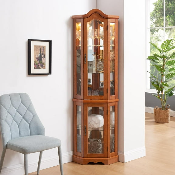 Curio Cabinet Lighted Glass Display Curio Cabinet w/Tempered Glass Doors and Shelves, Crown Corner Cabinet with Bulb, Corner Storage Decoration for Living room and Bedroom