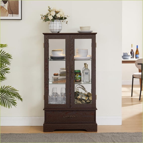 Curio Cabinet Lighted Vintage Retro with Adjustable Glass Shelves, 2 Doors & 1 Drawer | Cherry | MDF+Glass