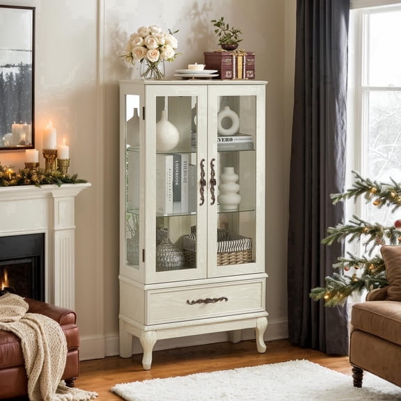 CKEASEAN 52" Lighted Accent Curio Cabinet with 2 Glass Doors & 1 Drawer, 3-Tier Antique Cabinet with Tempered Glass Adjustable Shelves & Drawer, Storage Display Case for Living Room, Bedroom,Office