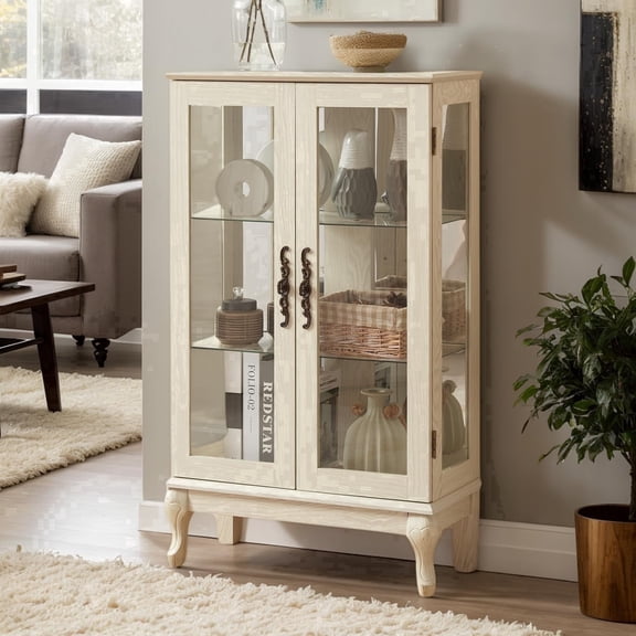 CKEASEAN 44"H Small Lighted Glass Curio Display Cabinet, 3-Tier Storage Curio Cabinet Showcase with Adjustable Shelves & Glass Doors, Wooden Cabinets with Mirrored Back Panel for Living Room, Office