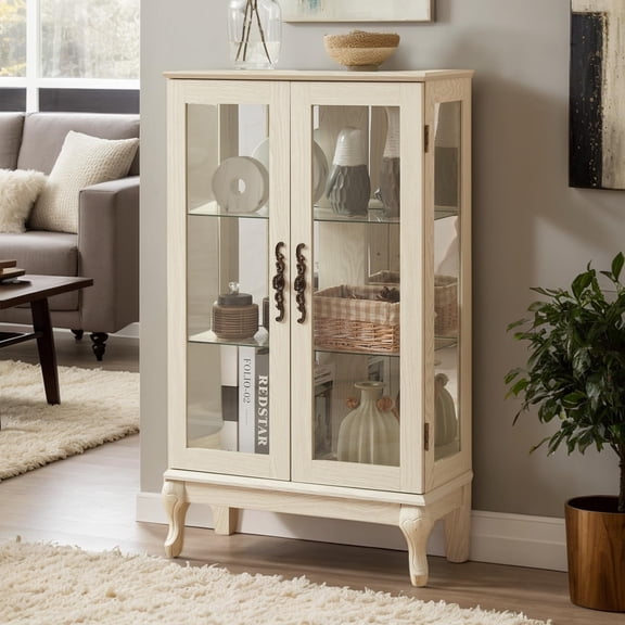 CKEASEAN Curio Cabinet with Tempered Glass Doors, Light Bulb Included, Mirrored Back & Adjustable Shelves