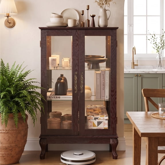 CKEASEAN 44"H Small Lighted Glass Curio Display Cabinet, 3-Tier Storage Curio Cabinet Showcase with Adjustable Shelves & Glass Doors, Wooden Cabinets with Mirrored Back Panel for Living Room, Office