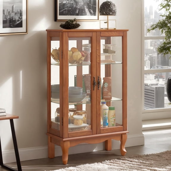 CKEASEAN Curio Cabinet with Tempered Glass Doors, Light Bulb Included, Mirrored Back & Adjustable Shelves