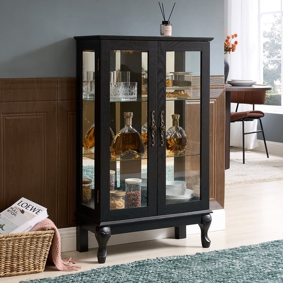 Curio Cabinet with Tempered Glass Doors, Lighted Display Cabinet with Mirrored Back Panel & Adjustable Shelves Perfect for Home or Office (Light Bulb Included)- Black
