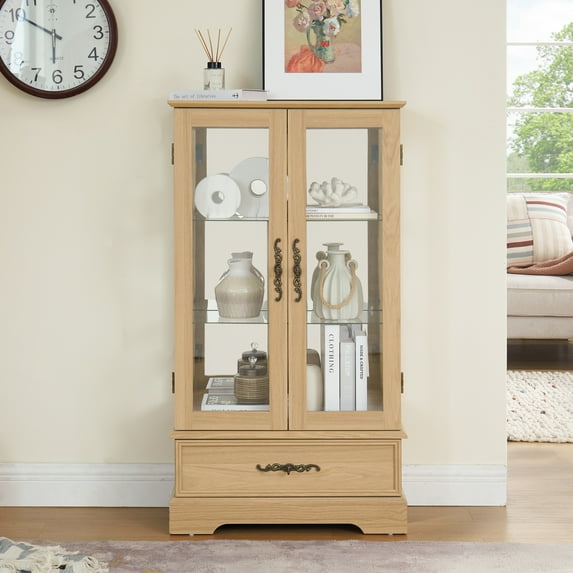 Curio Cabinet with Tempered Glass Doors, Curio Diapaly Cabinet with Mirrored Back, Lighted Display Cabinet with 2 Doors and 1 Drawer for Home, Office