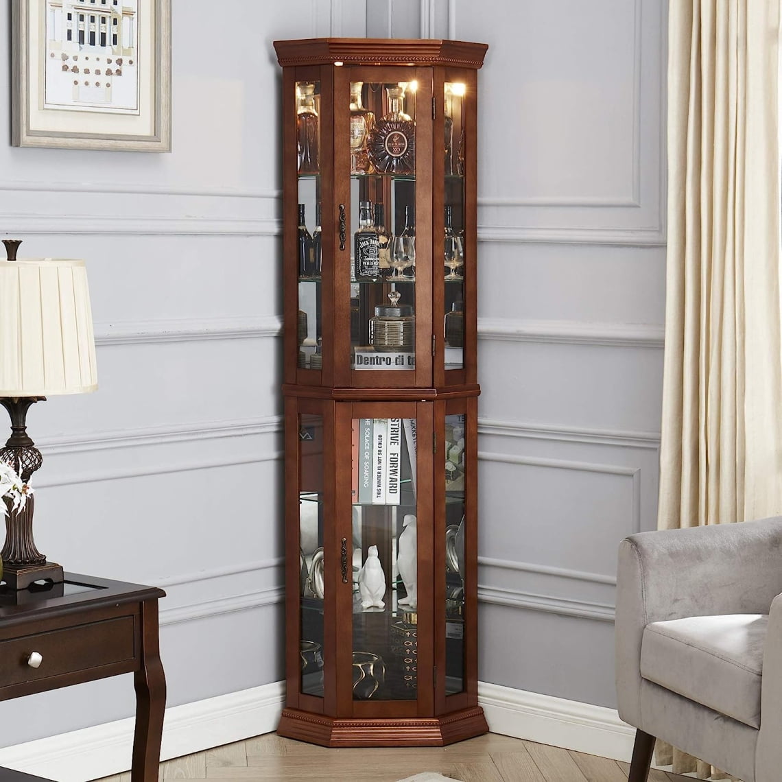 Corner Glass Curio with Adjustable Shelves, Mirrored Back