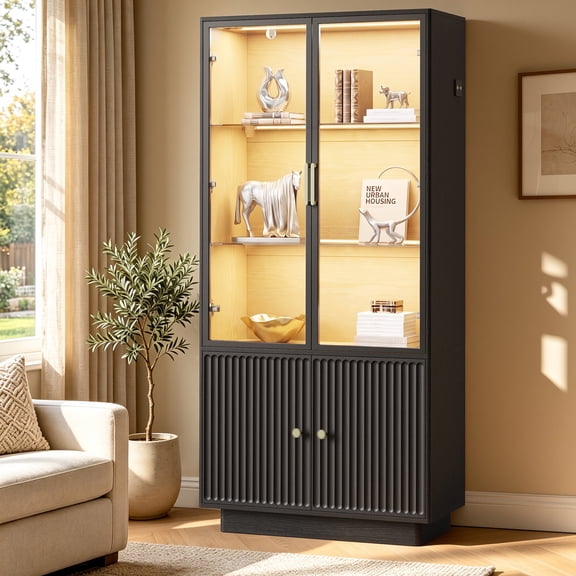 HSUNNS Display Cabinet with Glass Doors, 67" Storage Cabinet with LED Lights, Curio Cabinet, Modern Collection Display Case - Perfect for Antique Collections, Displaying Photos, Artworks, Black