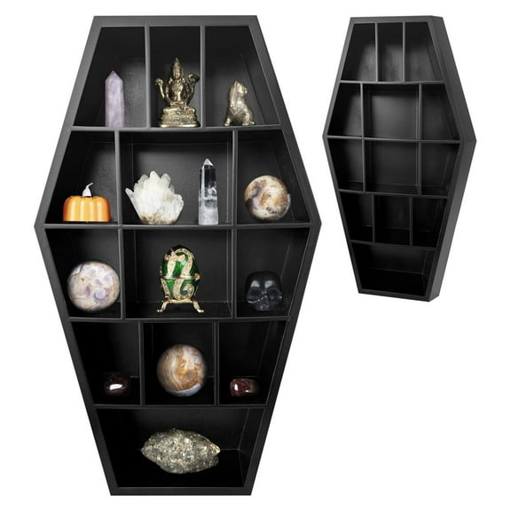 Curio Coffin Shelf - Wooden Goth Decor for Display or Storage of Shot Glasses, Mini Figures, Rocks, and More - 17 by 9.75 by 2.75 Inches Black