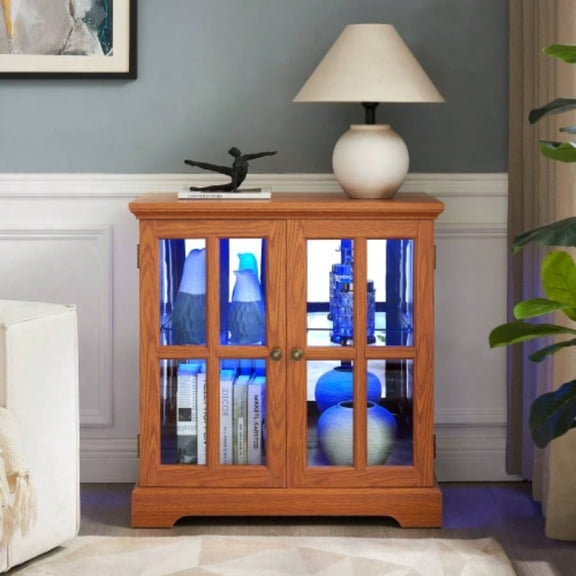 Curio Display Cabinet, Antique Display Cabinet with Adjustable Shelves, Retro Design Quality Showcase with Lattice Doors Elegant Bookcase and Storage Cabinet Home Decor and Organization DARK OAK
