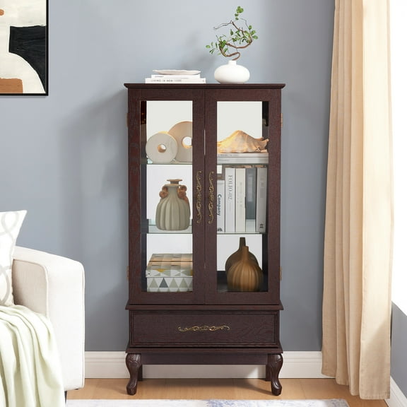 Curio Display Cabinet - Dark Cherry, Adjustable Shelf Alternatives, 2 Doors, 1 Drawer, Vintage Metal Regulation Lighted Glass Cabinet, Shelves