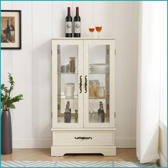 Curio Display Cabinet with LED Lights Adjustable Shelves 2 Doors 1 Drawer American Retro White | MDF+Glass