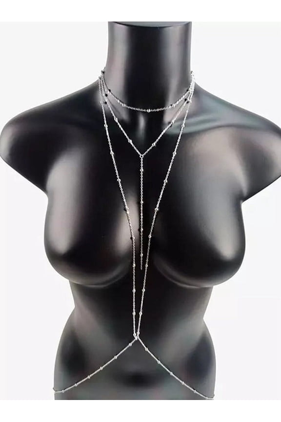 Beaded Body Chain Necklace in 925 Sterling Silver Layer Bikini Chain Bohemian Jewelry Breast Beach Sexy Body Chain Harness Honeymoon Jewelry