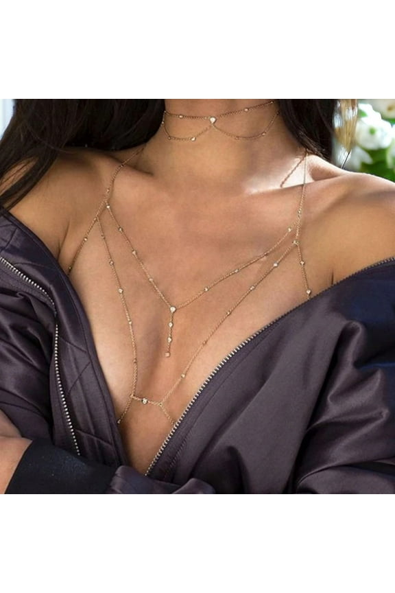 CZ Beaded Chain Bralette Necklace in 925 Sterling Silver Jewelry Bikini Breast Chain Bohemian Jewelry Delicate Curb Chain Honeymoon Jewelry