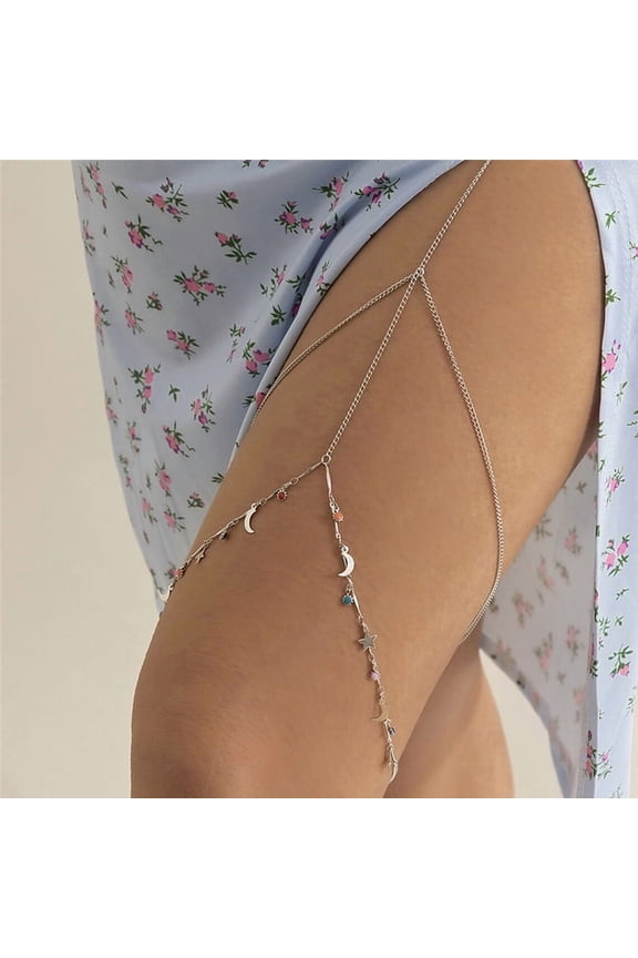 Moon Star Charm Thigh Chain Jewelry with Gemstones Handmade in 925 Sterling Silver Leg Chain Bohemian Jewelry Delicate Chain Beach Jewelry