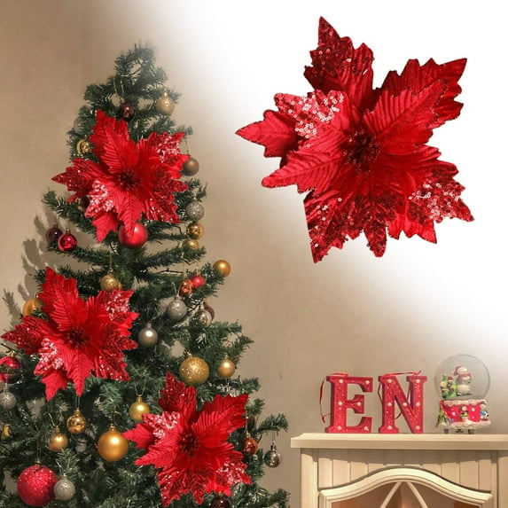 CurioCo Christmas Glitter Flower Picks - Artificial Red Floral Picks for Christmas Tree Decor, Holiday Centerpiece & Wedding Decoration