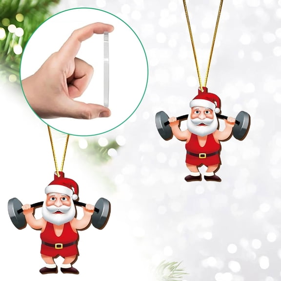 CurioCo Fitness Christmas Ornaments Acrylic Gym Workout Hanging Decor Santa Weightlifter Yoga Treadmill Tree Ornaments Holiday Gift for Fitness Lovers