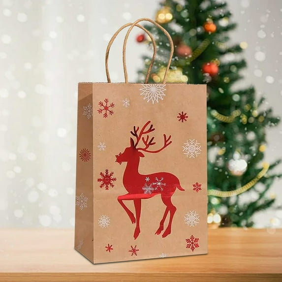 CurioCo Kraft Paper Gift Bags with Handles - Printed Reusable Small Gift Bags for Birthday Parties, Holiday Favors & Business Gifts