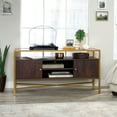 Curiod Glass Top Gold Metal TV Stand Credenza for TVs up to 55", Rich Walnut Finish
