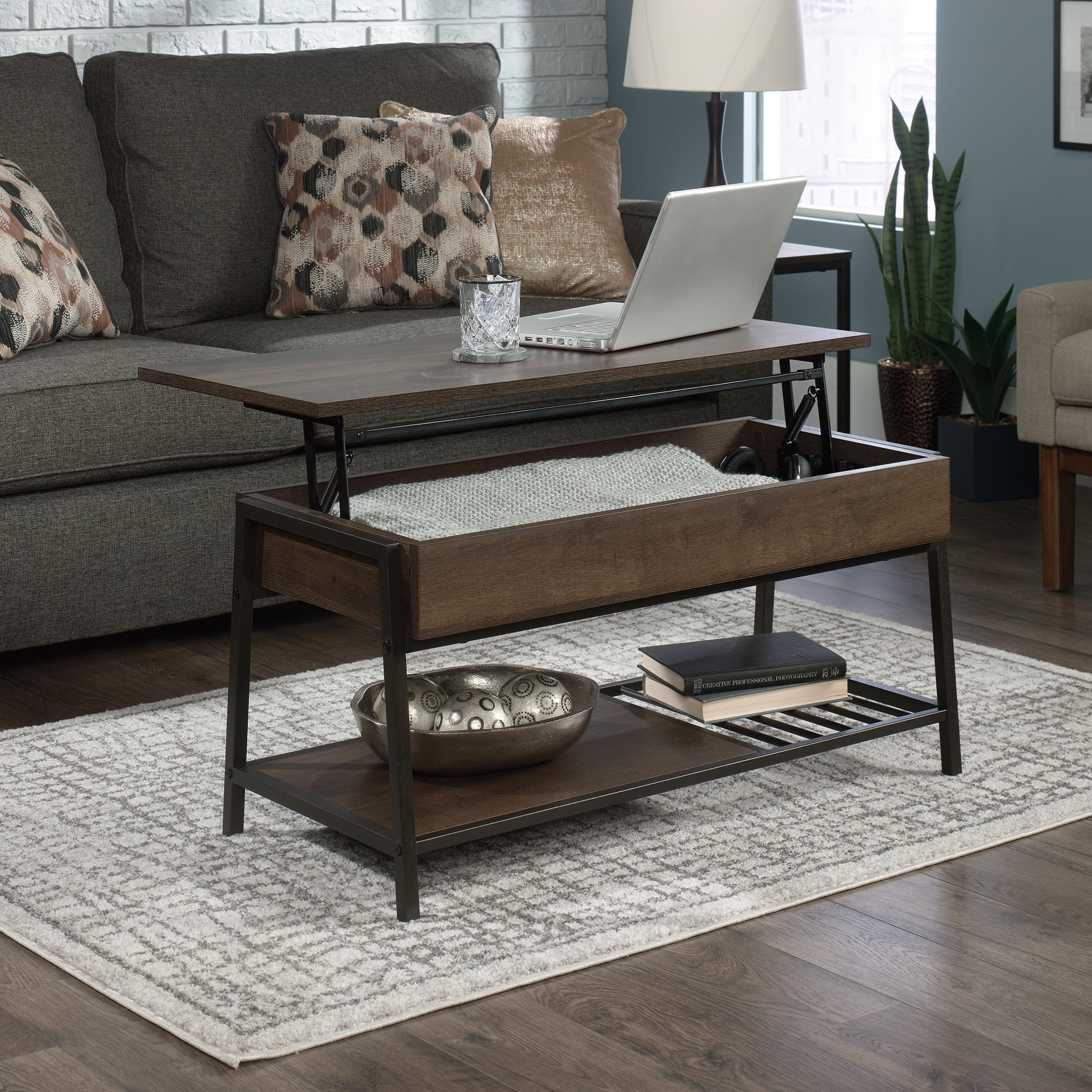 Curiod LiftTop Rectangle Coffee Table, Smoked Oak Finish