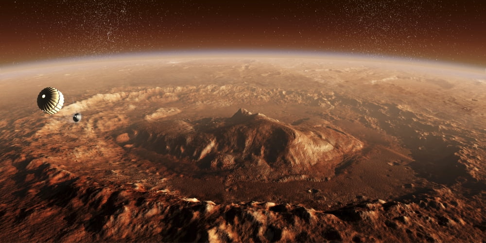 Curiosity rover descending into Gale Crater on Mars Canvas Art - Steven HobbsStocktrek Images (20 x 10)