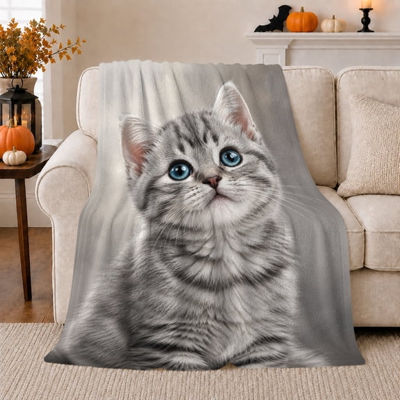 Curious Blue-Eyed Kitten Portrait, Cozy Pet Portrait Pattern, Warm Flannel Blanket for Living Room and Bedroom, Cat Lovers Just Because Gift, Pet Lover Home Decor