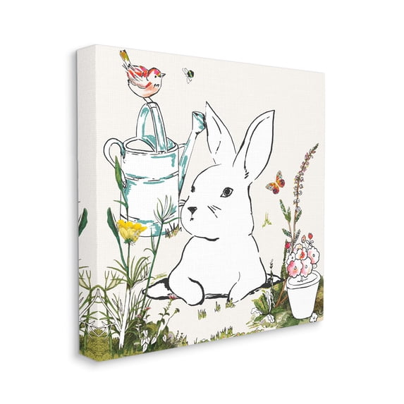 Curious Bunny Rabbit Butterfly Garden Florals Animals & Insects Gallery-Wrapped Canvas Print Wall Art, 17x17